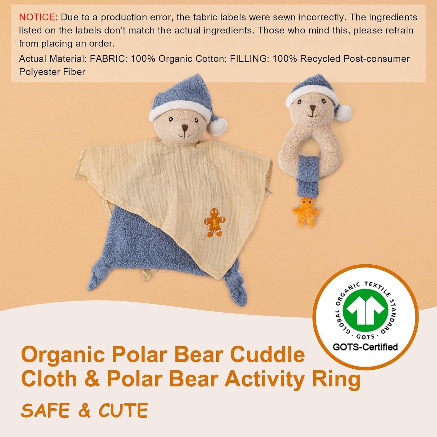 Organic Cotton Stuffed Animal Rattle Baby Toys, Plush Polar Bear Cuddle Cloth and Hand Grip Ring Rattles Plush Toy Set for Newborns Infant Boys Girls, 2 PCS