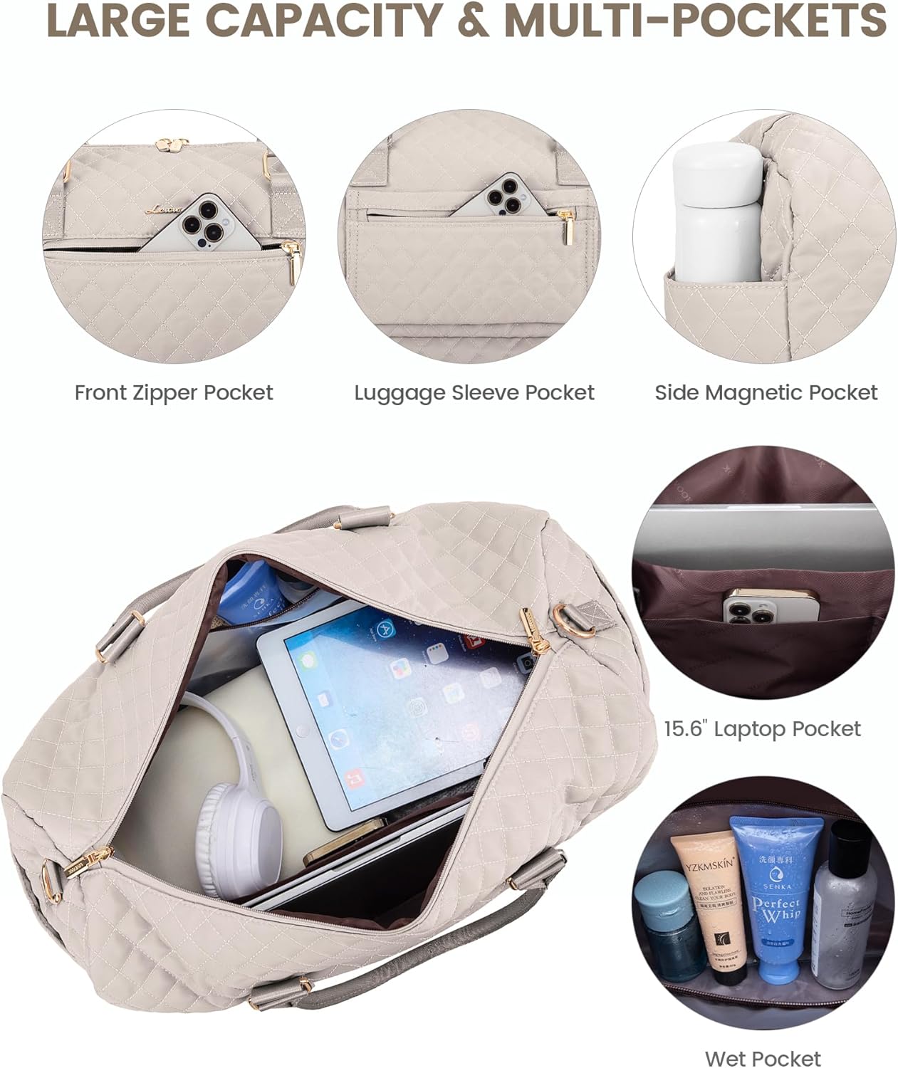 LOVEVOOK Travel Duffle Bag for Women, Weekender Overnight Bag with Shoe Compartment, Carry on Bag with Toiletry Bag, Gym Duffel Bag with Wet Pocket, Hospital Bags for Labor and Delivery 3 Pcs Set