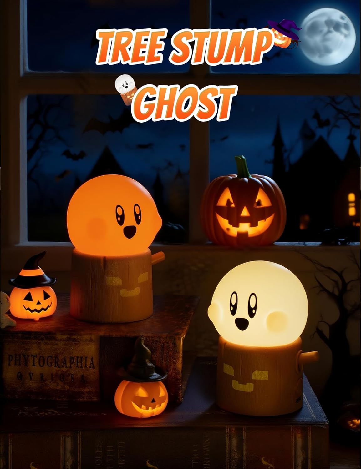 Ghost Stumps Lamp, Cute Ghost LED Night Light, Halloween Party Decorations Indoor, Halloween Centerpieces Decorations for Table, Shelf, Fireplace