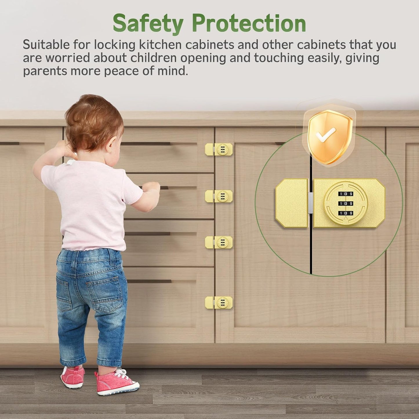 Keyless 3-Digit Combination Lock, Mechanical Stick-on Drawer Latch, Security Adhesive Cabinet Lock for Closet & Barn One-Way Doors (1, Gold)