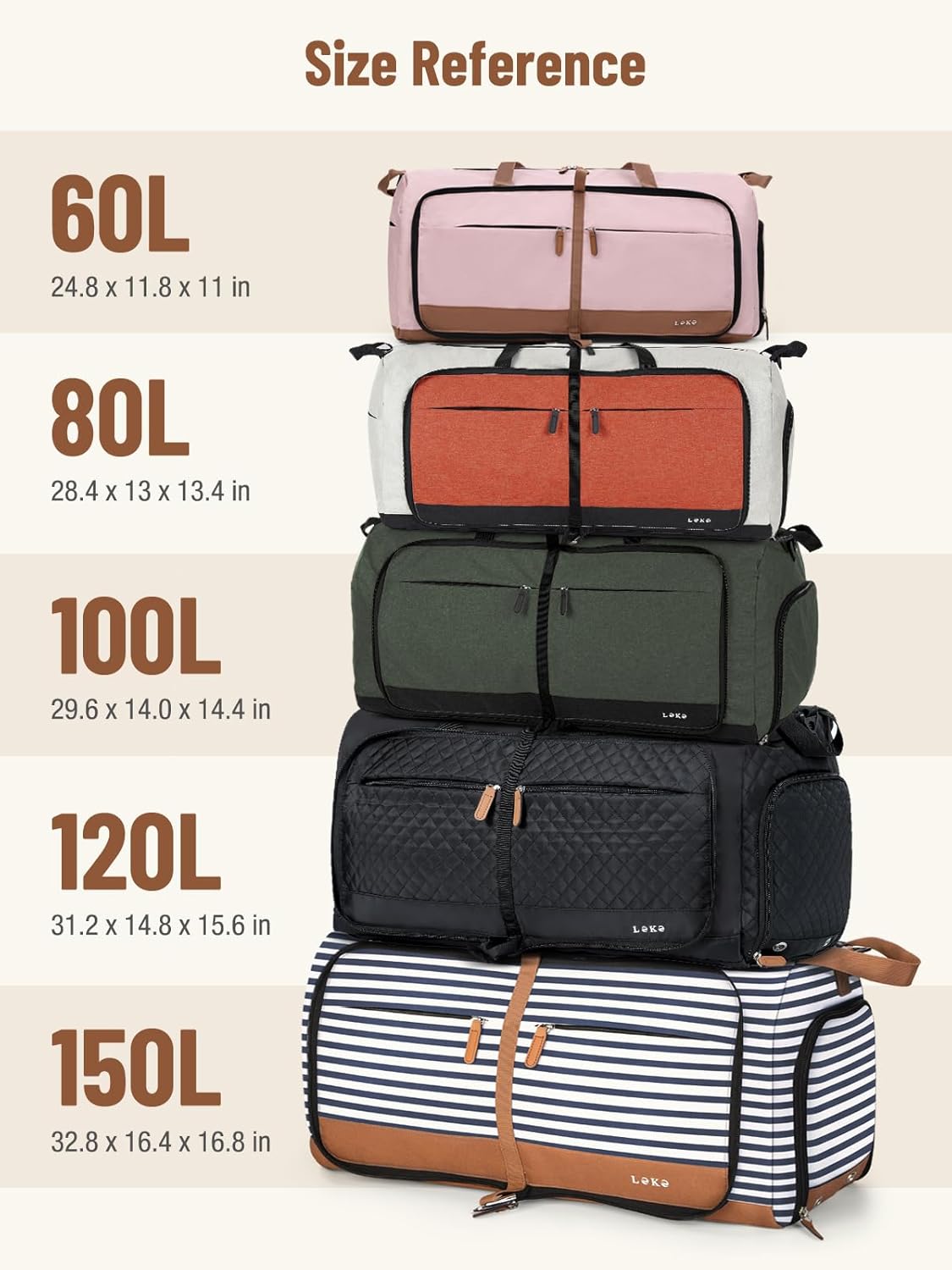 Lekesky Foldable Travel Duffle Bag for Women, Large Duffel Bag with Separate Shoes Compartments & Straps, Carry On Weekend Bag for Women, Hospital, Overnight (Cinnamon & Camel, 80L)