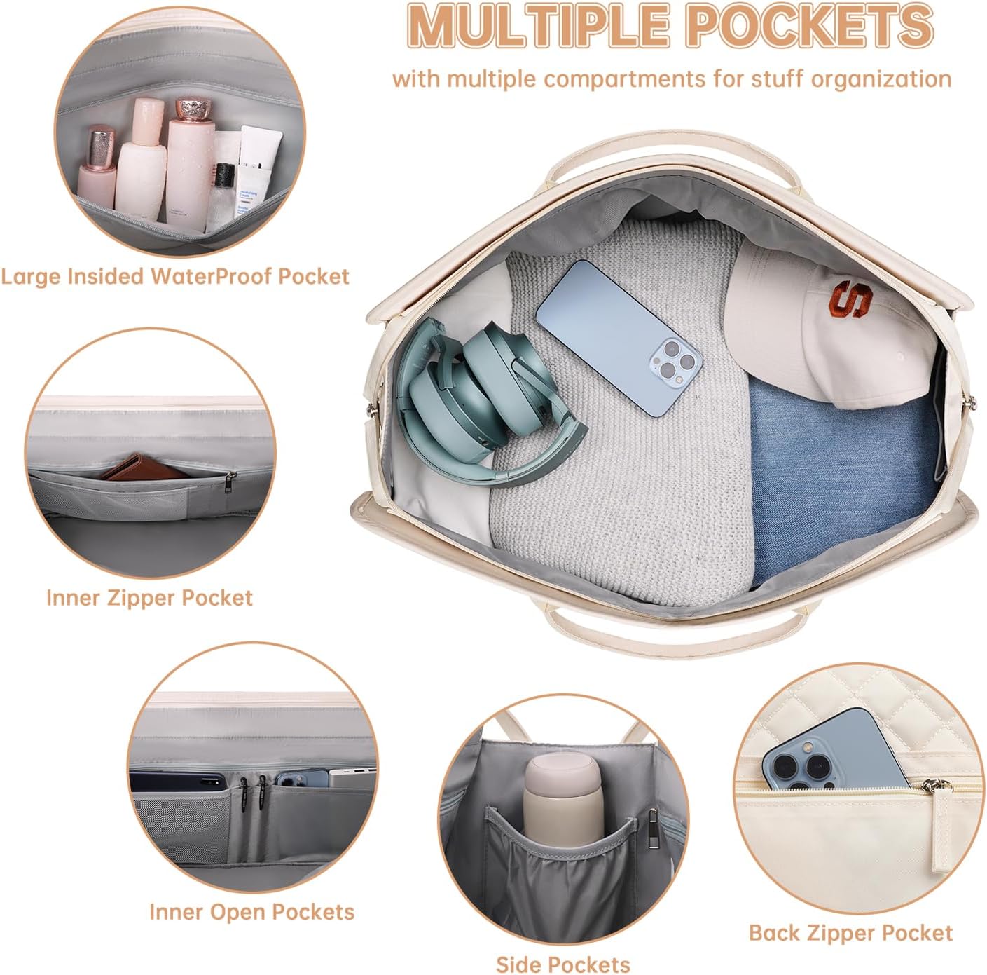 ETRONIK Weekender Overnight Bag for Women, Large Travel Duffle Bag with Shoe Compartment & Wet Pocket, Carry On Tote Bag Gym Duffel Bag with Toiletry Bag for Hospital 3 Pc Set, Large Size, Off-white