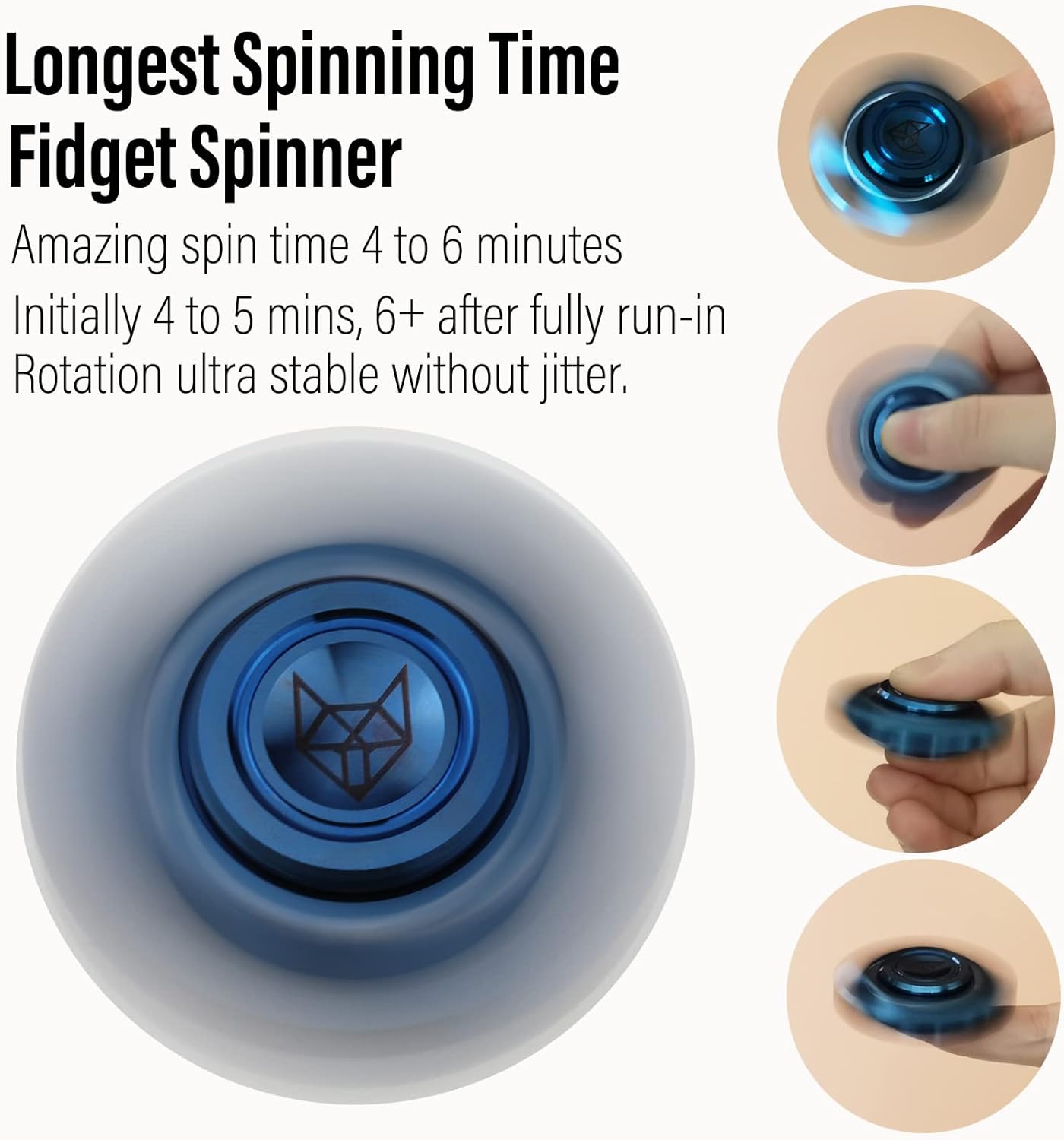 FREELOVE Upgraded Fox Metal Fidget Spinner for Adults, Steel/Glow Balls Clicking Noise, Mini Small Tiny Pocket Tri Finger Gyro, Long Spinning Premium Bearing Toy, Stainless Steel CNC, Blue
