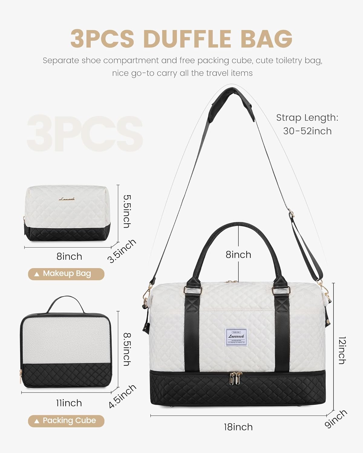 LOVEVOOK Travel Weekender Bag for Women, Carry on Overnight with Shoe Compartment, Travel Duffle Women, Yoga Gym Duffel with Wet Pocket, Hospital Bags for Labor and Delivery, 3 Pcs Set