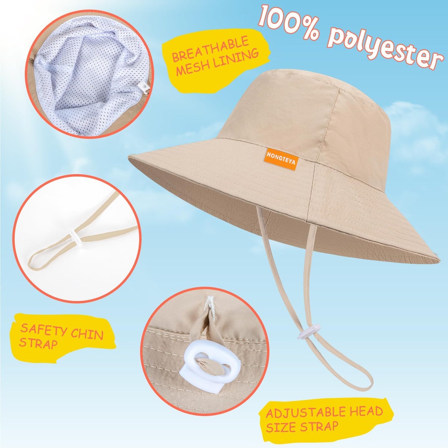 Baby Sun Hat Kids Summer UPF 50+ Toddler Bucket Hat Wide Brim Adjustable Beach Hats for Boys Girls Age 0-6 Years