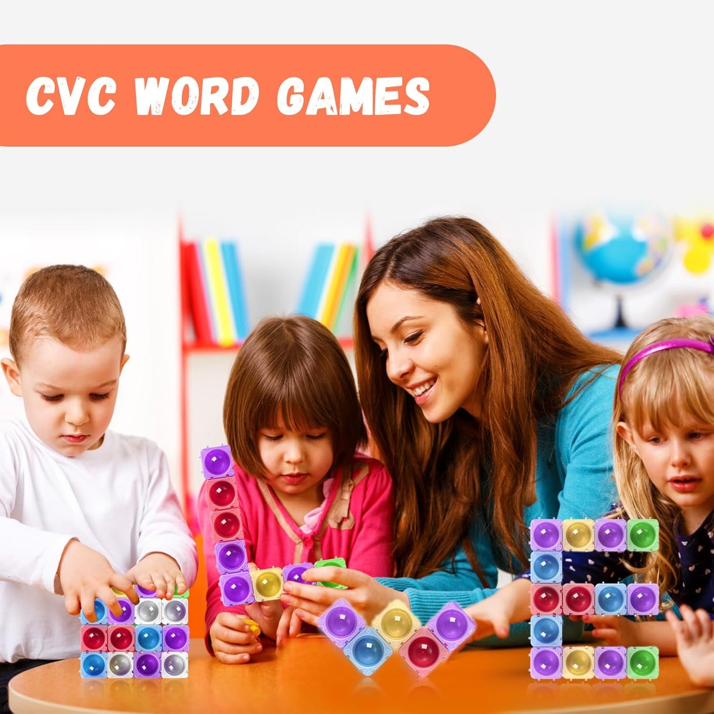 Pop Building Blocks for Kids Toddlers, 1.37 Inch Large Transparent Silicone Fidget Blocks, Color Sorting Sensory STEM Montessori Toys Classroom Must Have for Preschool CVC Word Learning