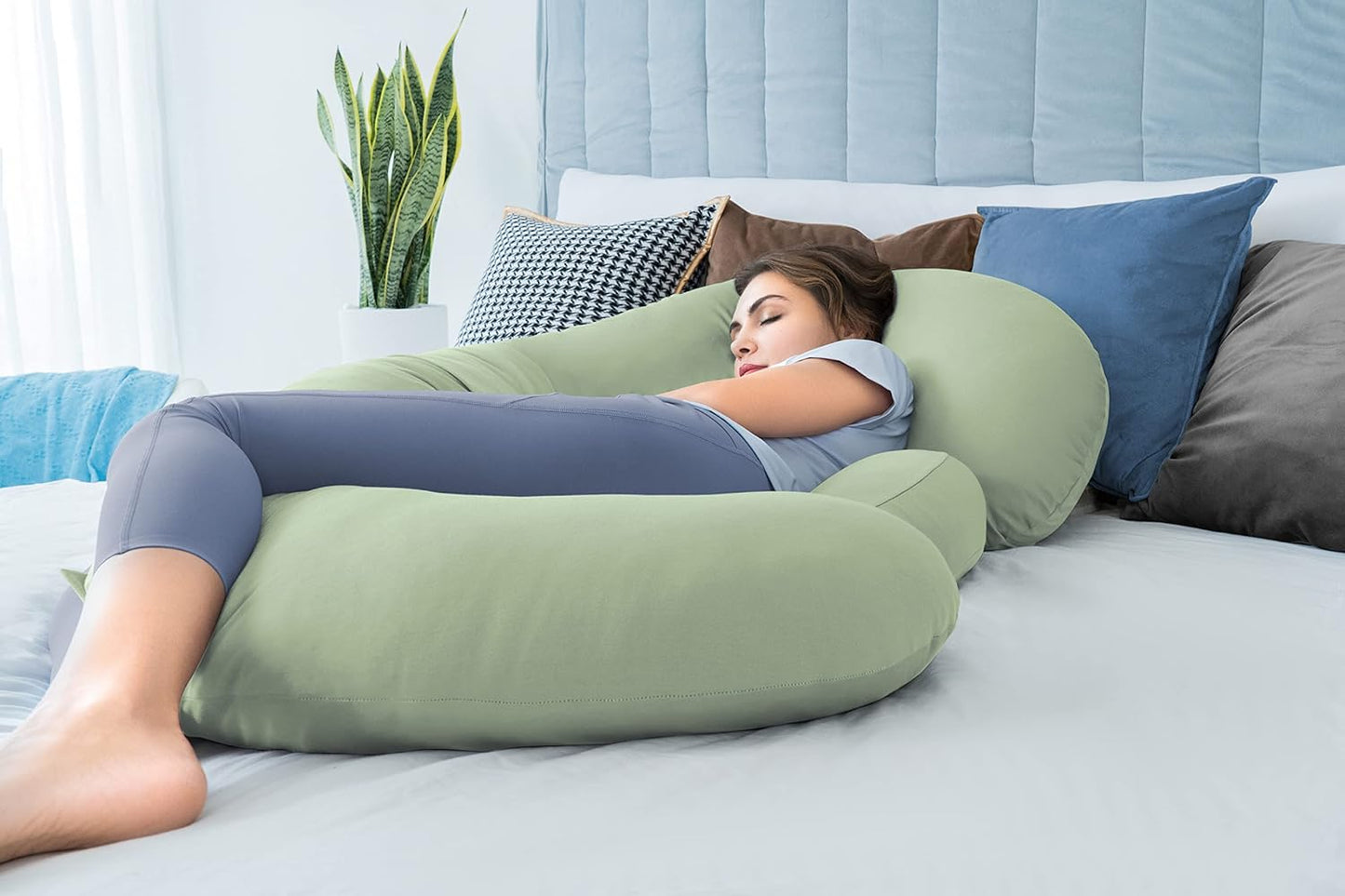 QUEEN ROSE Cooling Pregnancy Pillows - E Shaped Pregnancy Pillows for Sleeping, Detachable Body Pillow for Pregnant Side Sleeper, Cooling Silky Cotton Cover, Sage Green