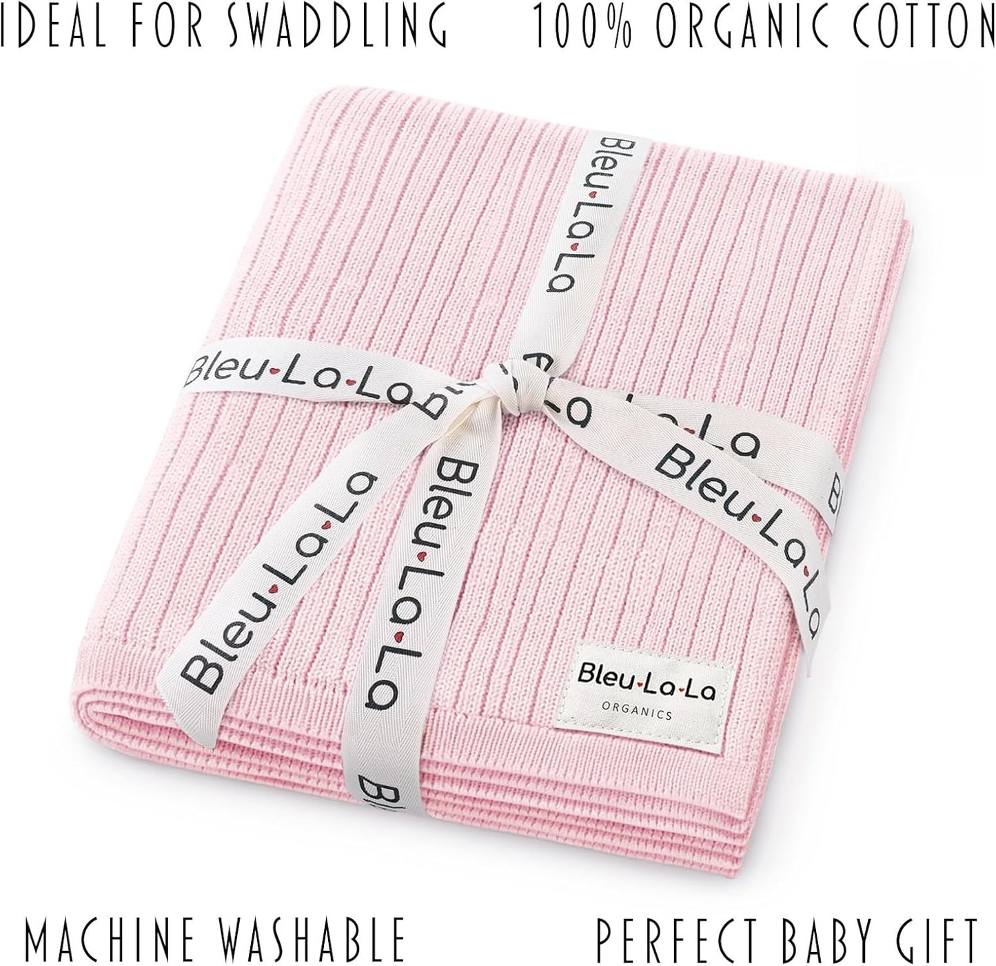Organic Ribbed Swaddle Blanket for Boys & Girls - 100% Luxury Organic Soft Cotton Knit Warm Cozy Cuddle Stroller Crib Blanket for Newborns, Infants, & Toddlers (Blush Pink)