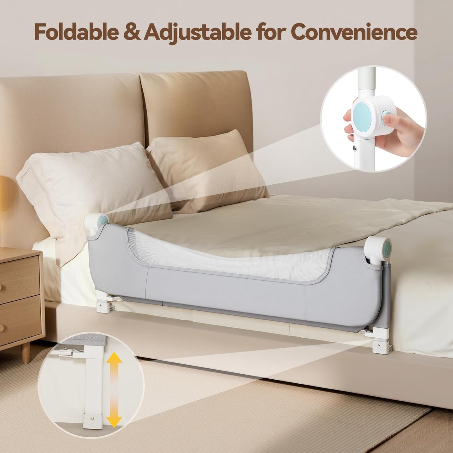 Reinforced Bed Rail for Toddlers – 47’’ Long Safety Guard with Thickened Material, Adjustable & Folding Bed Rails for Twin, Full, Queen, King Beds