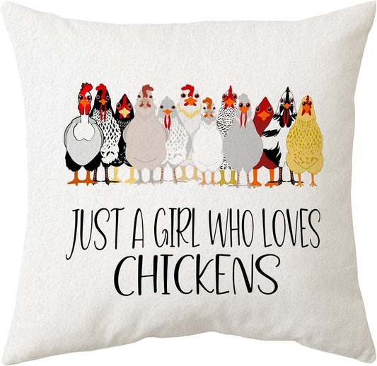 Sidhua Farmhouse Chicken Themed Pillowcase Decorations for Home, Just A Girl Who Loves Chickens Throw Pillow Cover 18”x18”, Chicken Lover Gifts, Farmer Girl Gifts