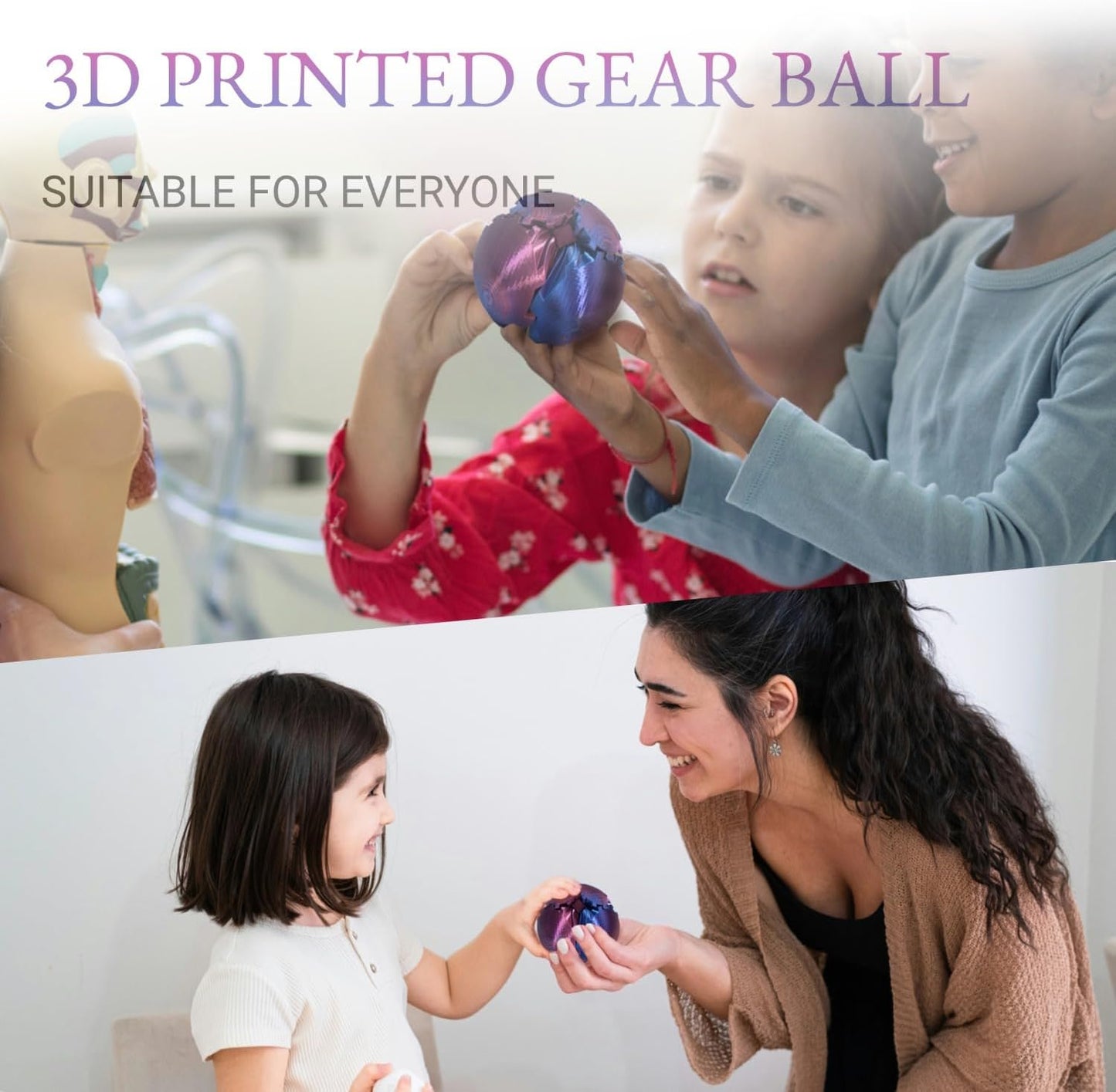3D Printed Gear Ball, Gear Sphere Fidget Toy Stress Relif Toy for ADHD, Anxiety Relaxing Toy for Adults at Work/Study/Travel, Twisted Blue-Purple