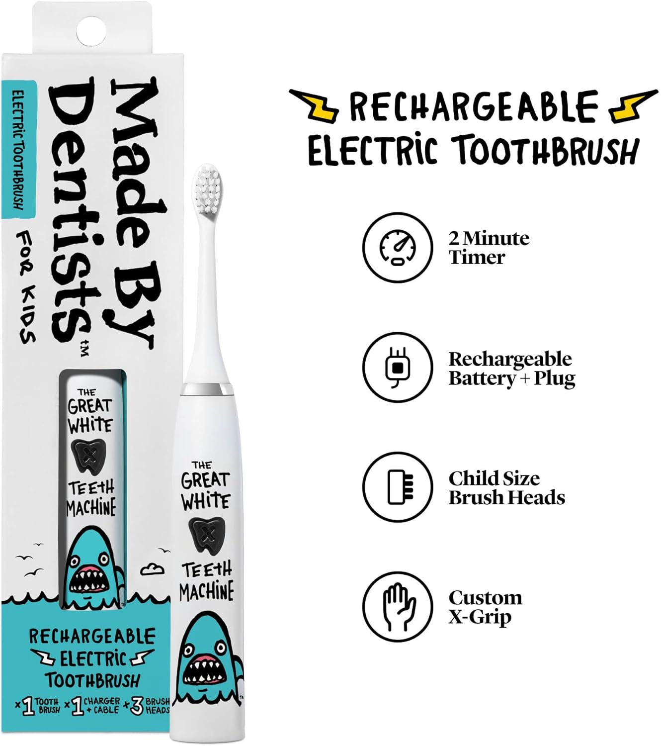 Kids Electric Toothbrush - Rechargeable Vibrating Toothbrush with Timer, Includes 6 Replacement Heads, Gently Cleans Little Teeth, for Girls and Boys, Kids & Toddlers Age 2+, Shark