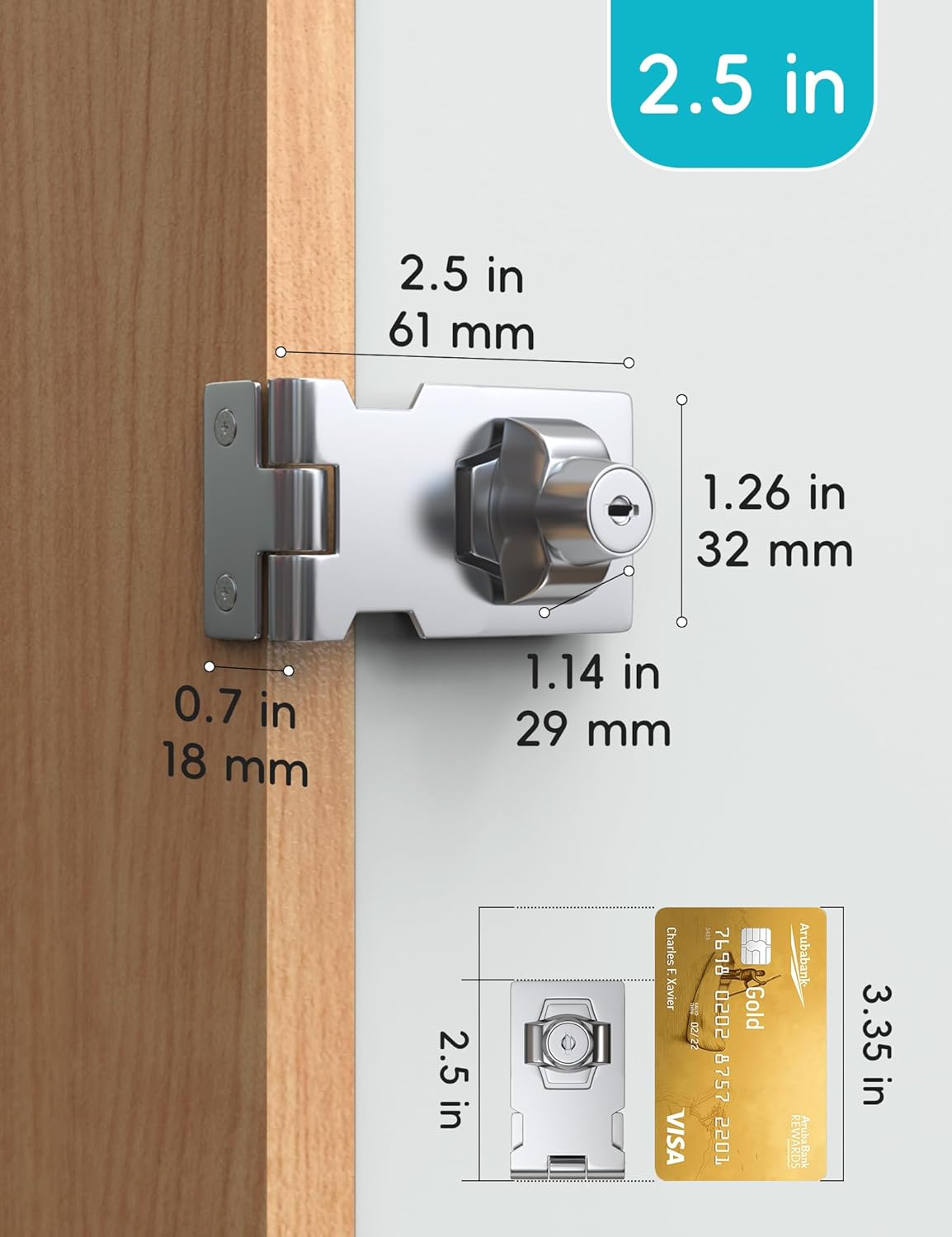 2.5 Inch Keyed Hasp Lock for Cabinets & Small Doors, Twist Knob Design, Heavy Duty Zinc Alloy with Chrome-Plated Iron, Includes Keys & Screws - Silver, 2 Pack