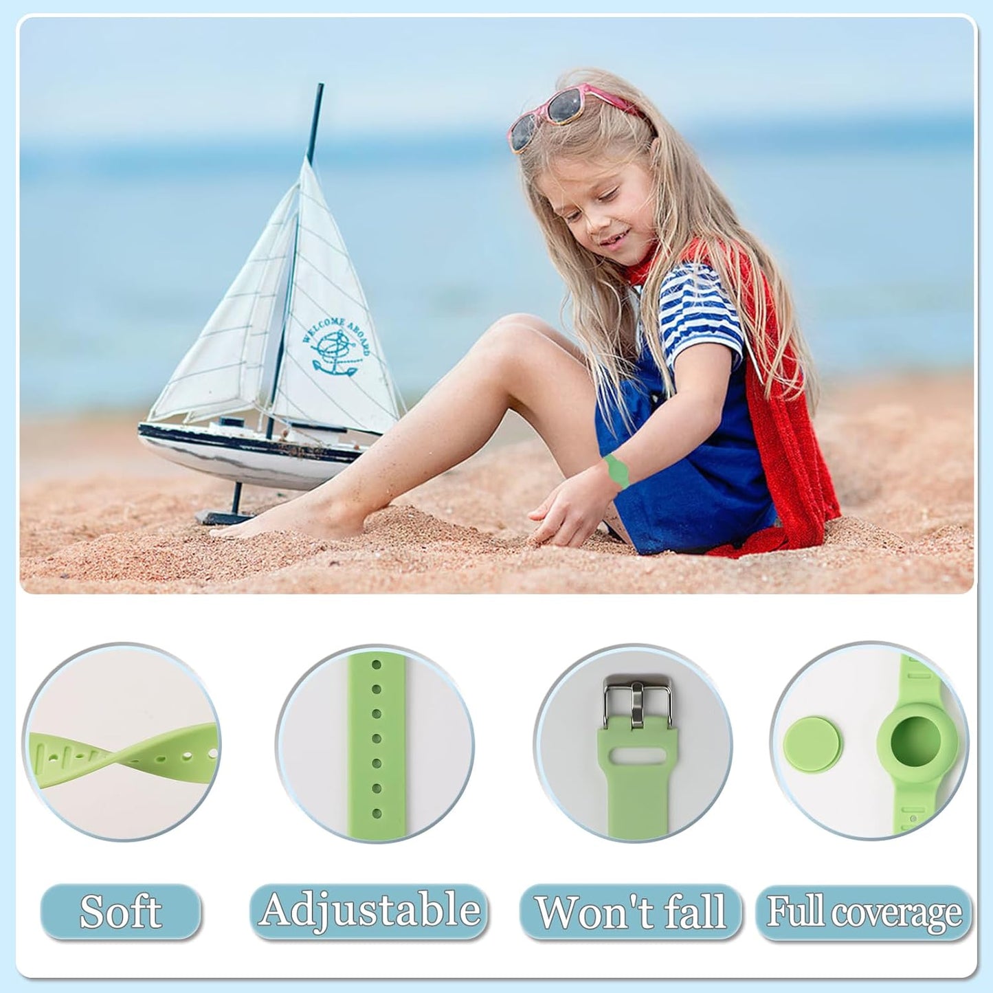 Waterproof Airtag Bracelet for Kids, Silicone Wristband Compatible with Apple Air Tag Hidden Holder Case, GPS Tracker Anti-Lost Adjustable Airtag Strap for Toddler Child (2 Pack, Green & Purple)