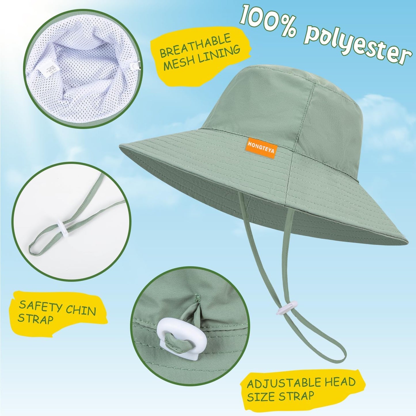 Baby Sun Hat Kids Summer UPF 50+ Toddler Bucket Hat Wide Brim Adjustable Beach Hats for Boys Girls Age 0-6 Years