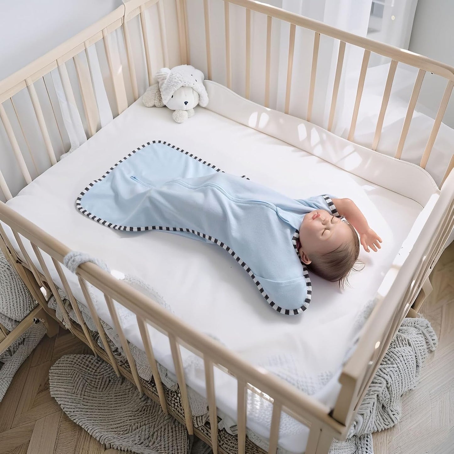 Transition Swaddle, 2 Pack 100% Cotton Baby Sleep Sack, 2-Way Zipper Infant Arm Up Swaddle for Newborn Baby Boys Girls (Blue + Green, L(6-9 Months))