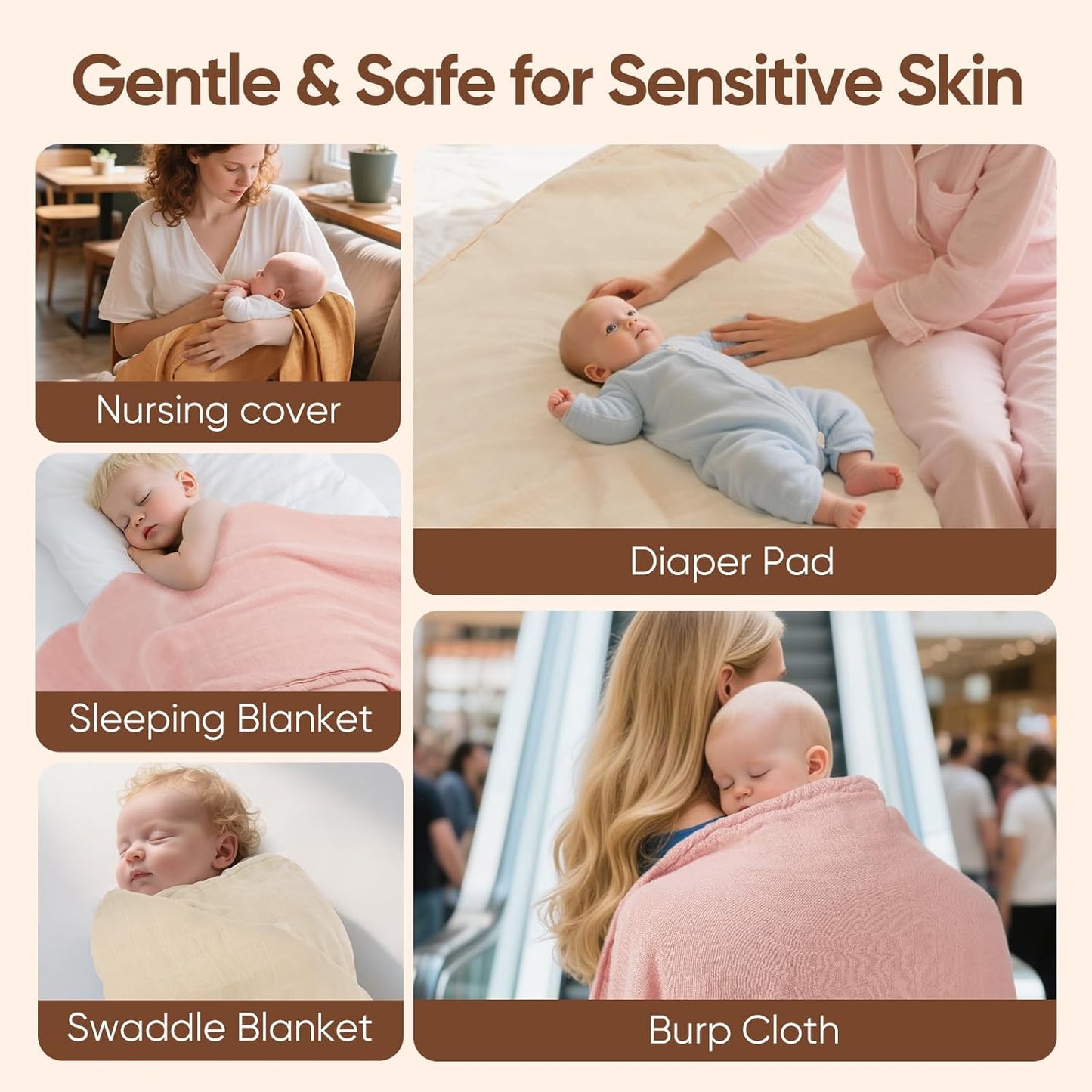 Muslin Swaddle Blankets, Nursery Receiving Blanket for Newborn, Baby Swaddle Wrap Soft Silky & Breathable, 3 Packs, 47 X 47In (Pink & Coffee 3 Pieces)