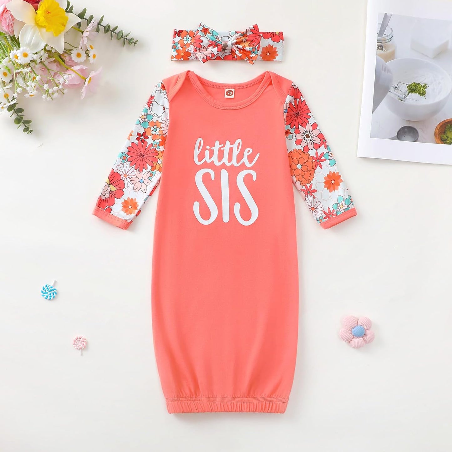 AMAWMW Newborn Baby Girl Little Sister Sleeper Gown Stripe Long Sleeve Nightgown Pajamas Gifts Stuff Essential Outfit