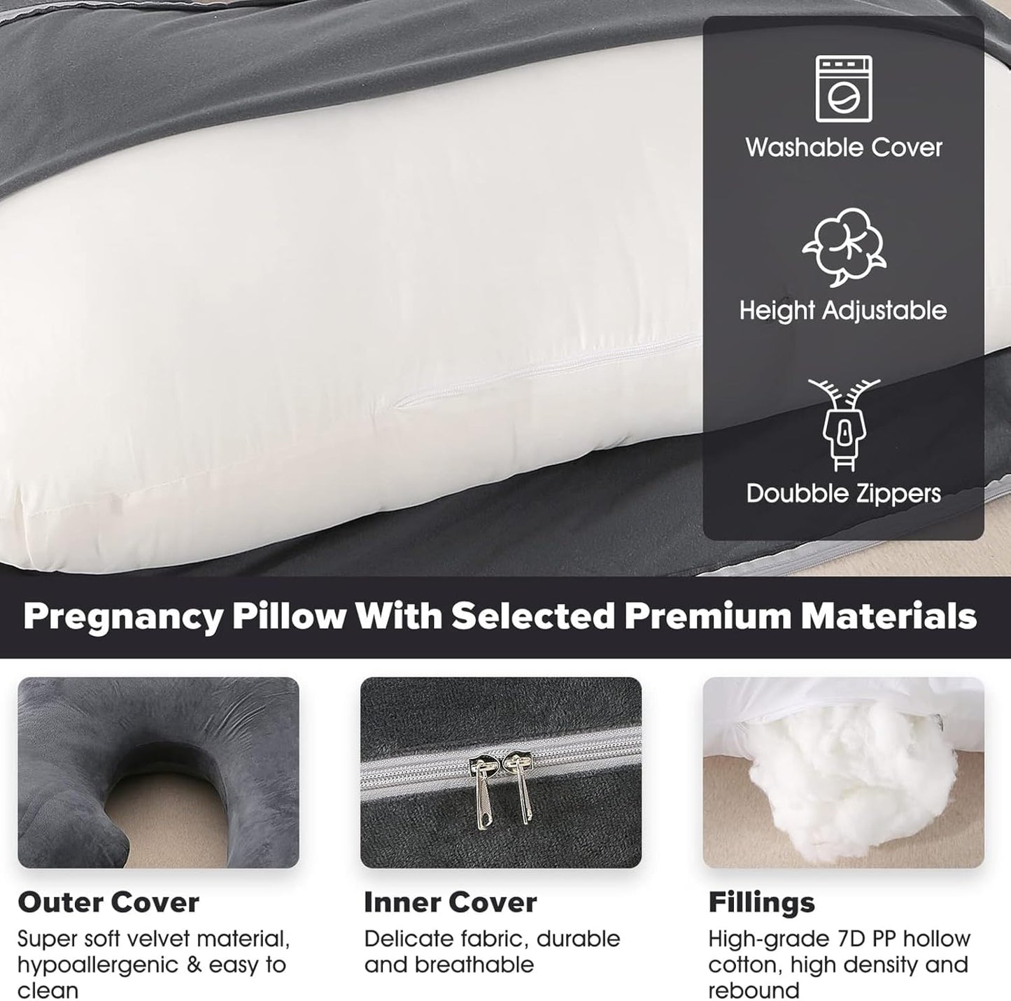 BATTOP Pregnancy Pillows for Sleeping, Full Body Maternity Pillow for Side Sleeping, Support for Back, Legs, Belly, HIPS, 57 Inch Pregnancy Pillow with Removable Cover, Black
