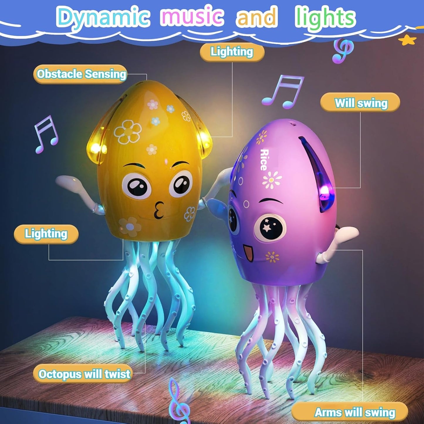 Dancing Octopus Toy Electric Crawling Baby Toy with Lights & Music Tummy Time Octopus Toy | DIY Expressions, Obstacle Avoidance | for Boys and Girls Party Gift Birthday, Christmas (Yellow)