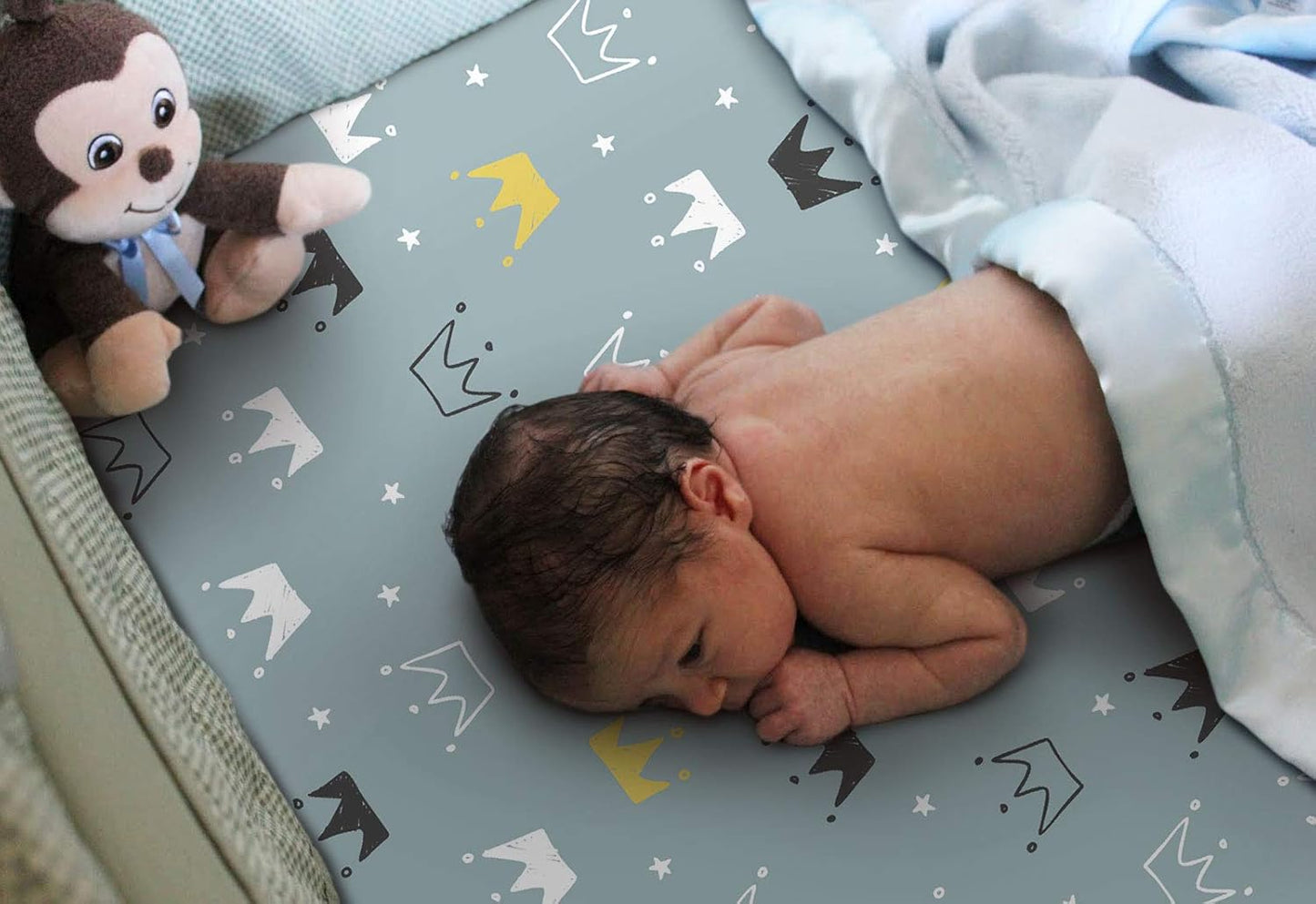 GRSSDER Stretchy Ultra Soft Jersey Knit Fitted Pack n Play Playard Sheets Set 2 Pack，Portable/Mini Crib Sheets, Crown and Cloud for Girls and Boys