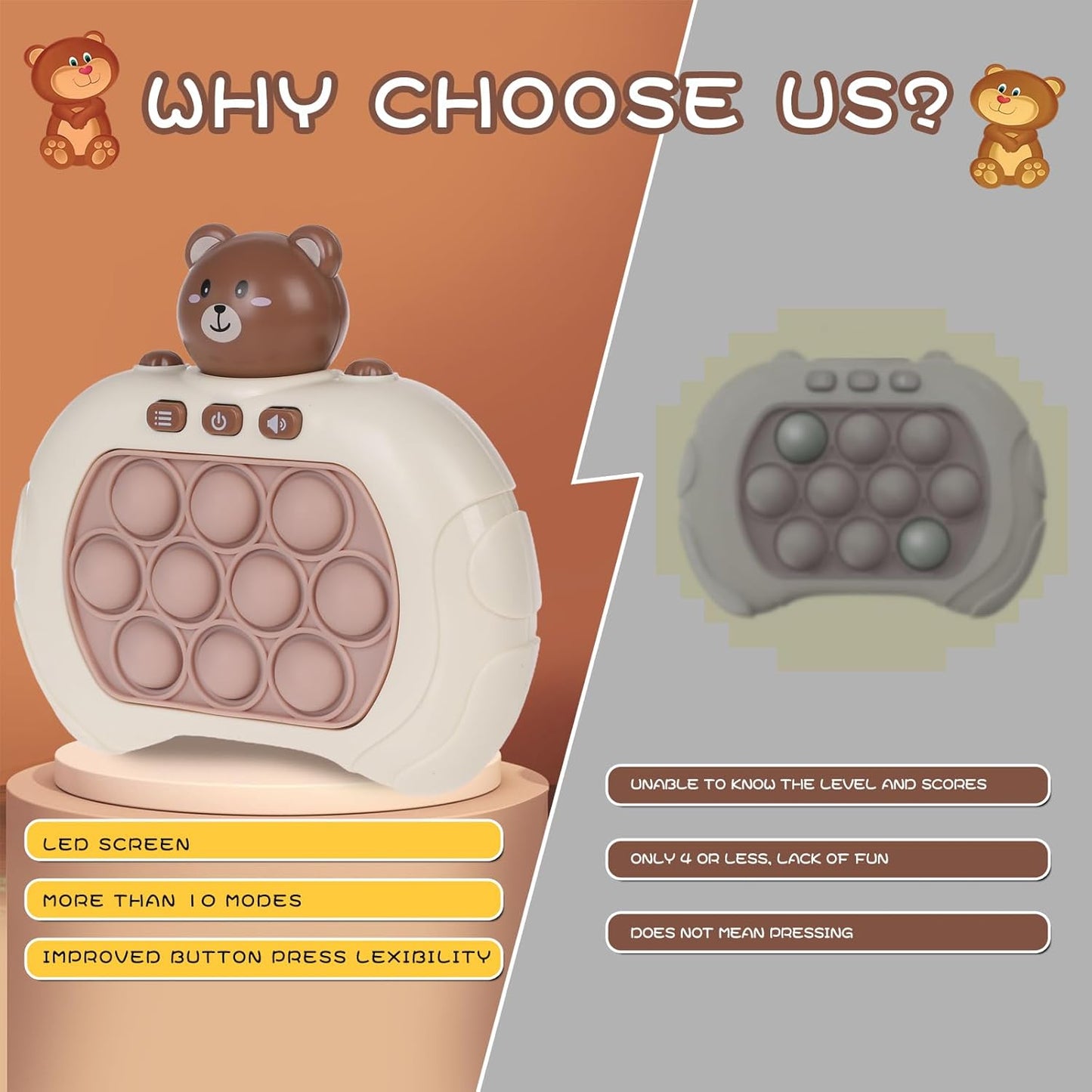 Fast Push Game Pop Fidget Toys for Kids, Fast Push Bubble Game, Quick Push Pop Game for Boys & Girls Age 3-12, Handheld Puzzle Game Sensory Toys Relaxation and Decompression (Grey Bear)