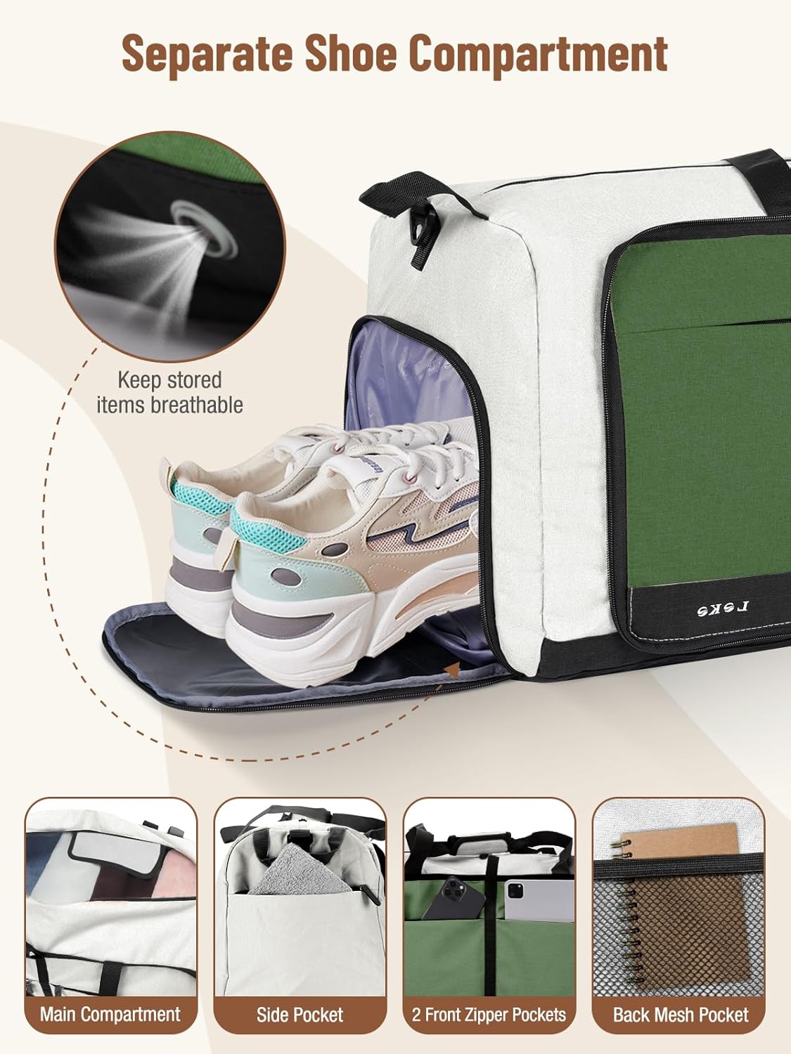 Lekesky Foldable Travel Duffle Bag for Women, Large Duffel Bag with Separate Shoes Compartments & Straps, Carry On Weekend Bag for Women, Hospital, Overnight (Green & Camel, 80L)