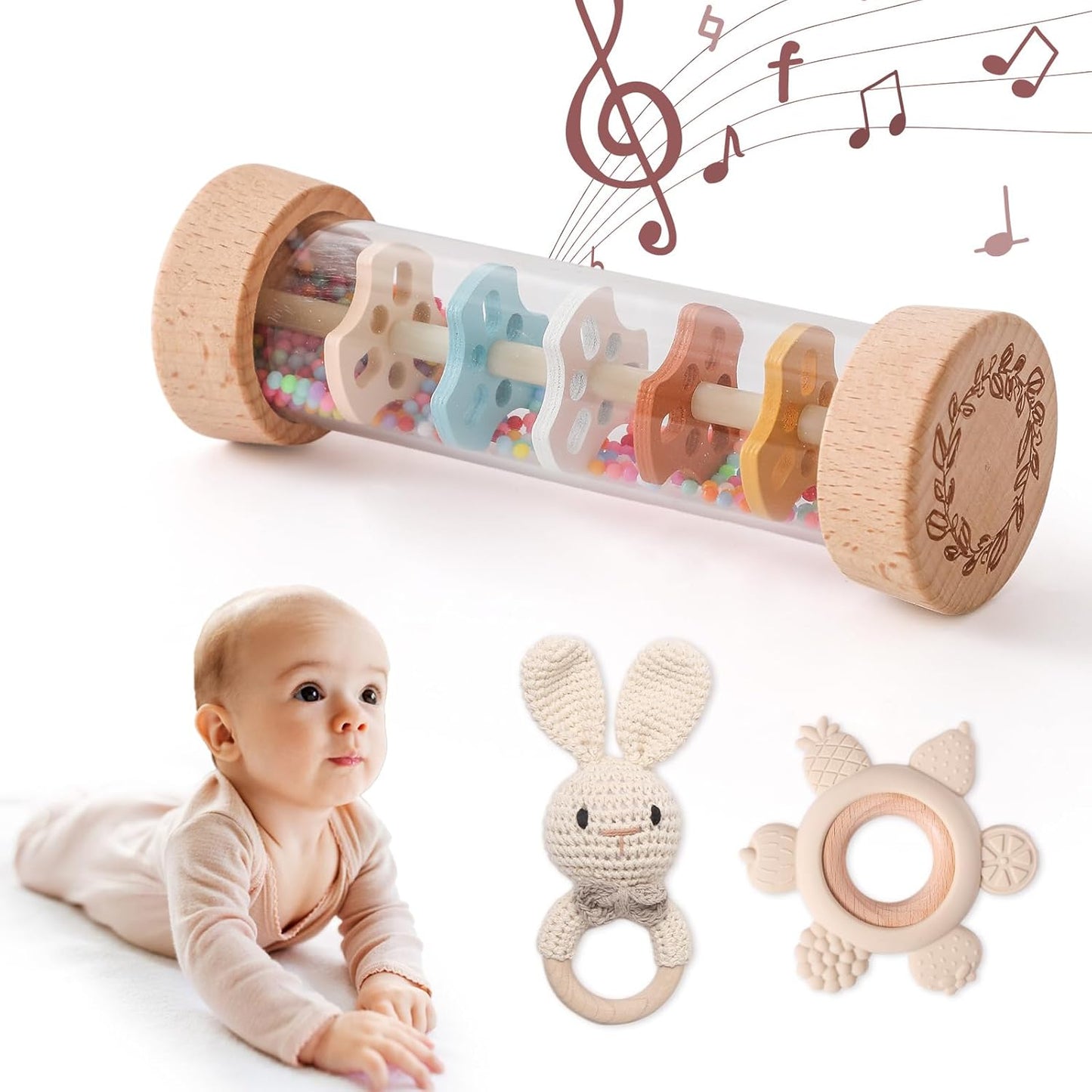 Youuys Wooden Baby Rattle Set (3pcs) - Crochet Rattle Rain Stick Teething Toys, Wooden Montessori Toy for Newborn Infant Baby Rattles Set Toys 3-6-12 Months (Bunny)