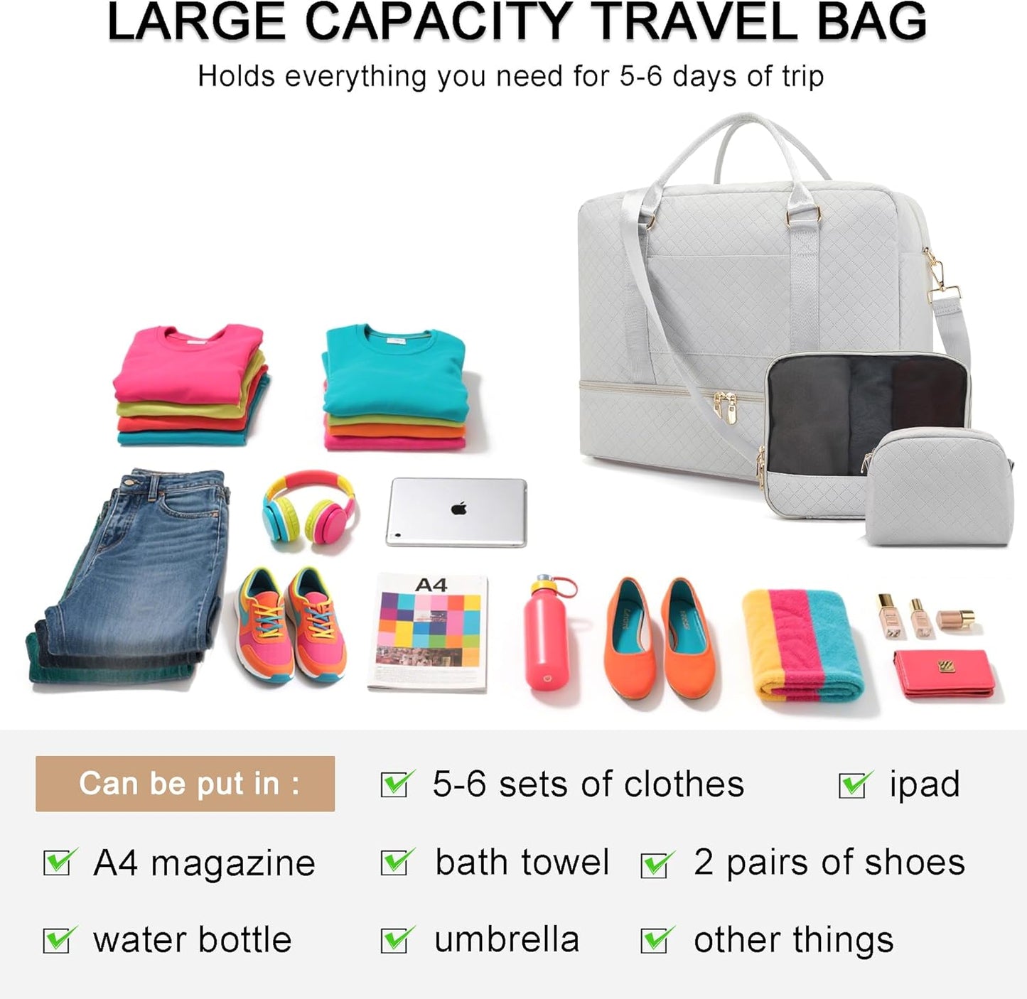 Soperwillton Women Travel Duffel Bags Carry On Overnight Bag with Shoe Compartment & Toiletry Pouch Gym Bag with Wet Pocket