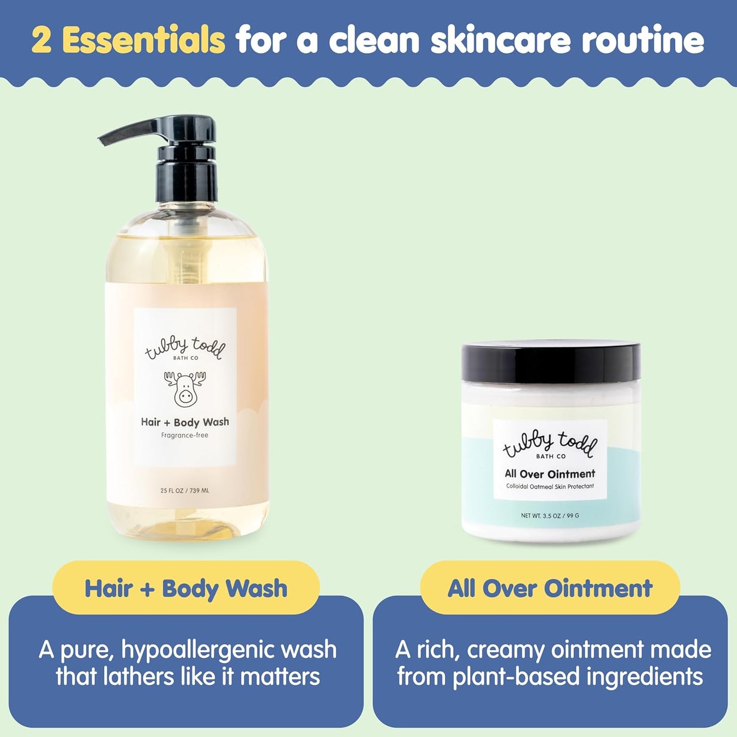 TUBBY TODD's Baby Body Wash & All Over Ointment Eczema Set - Gentle, Hypoallergenic Skincare for Newborns & Toddlers - 25oz, Fragrance-Free