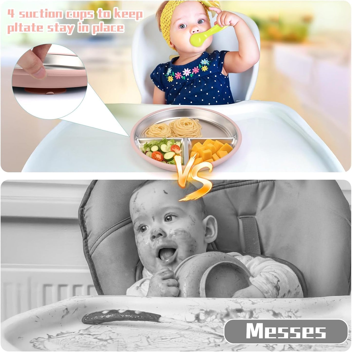 ShineMe Stainless Steel Kids Plates 2 Pack, 9”Suction Plates for Baby with Removable Colored Silicone Sleeves, Unbreakable Toddler Divided Plate Non Toxic for Snack, Meal...