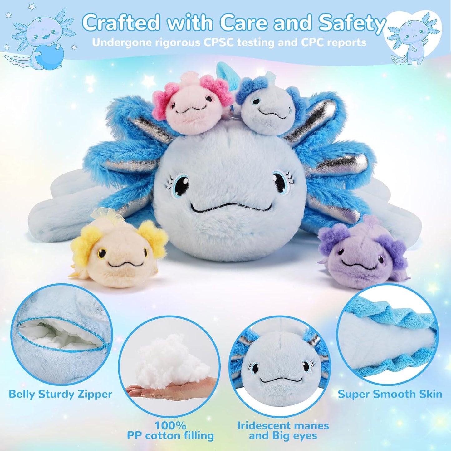 5 Pieces Axolotl Stuffed Animals with Babies Inside Belly - 1 Mommy Stuffed Axolotl with 4 Babies - Blue Axolotls Plush Toy for Kid Age 3-8, Gift Ideal for Christmas, Valentine's, Birthday