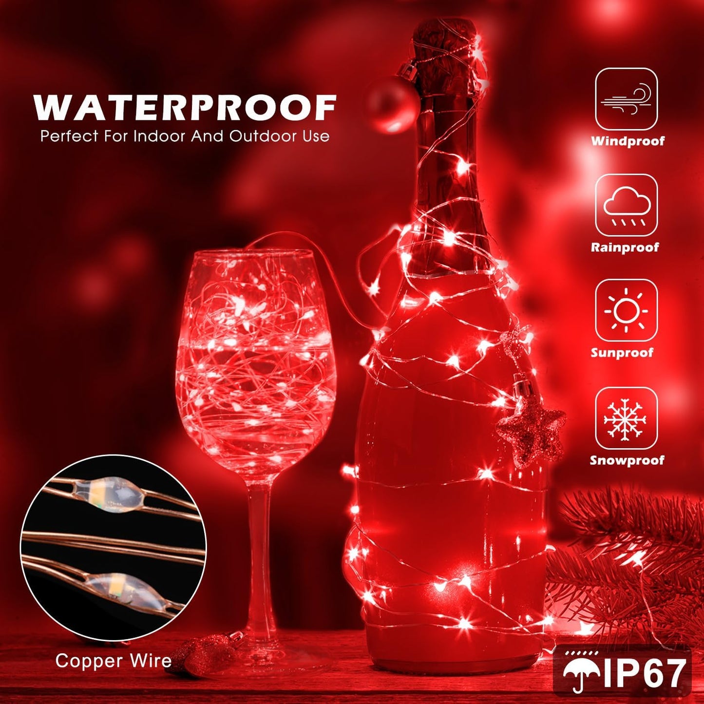 Fairy Lights 72ft 220 LED USB Twinkle String Lights Plug in Silver Wire Lights with Remote and Timer 8 Modes Outdoor Waterproof Starry Lights DIY Party Wedding Christmas Decoration（Red）