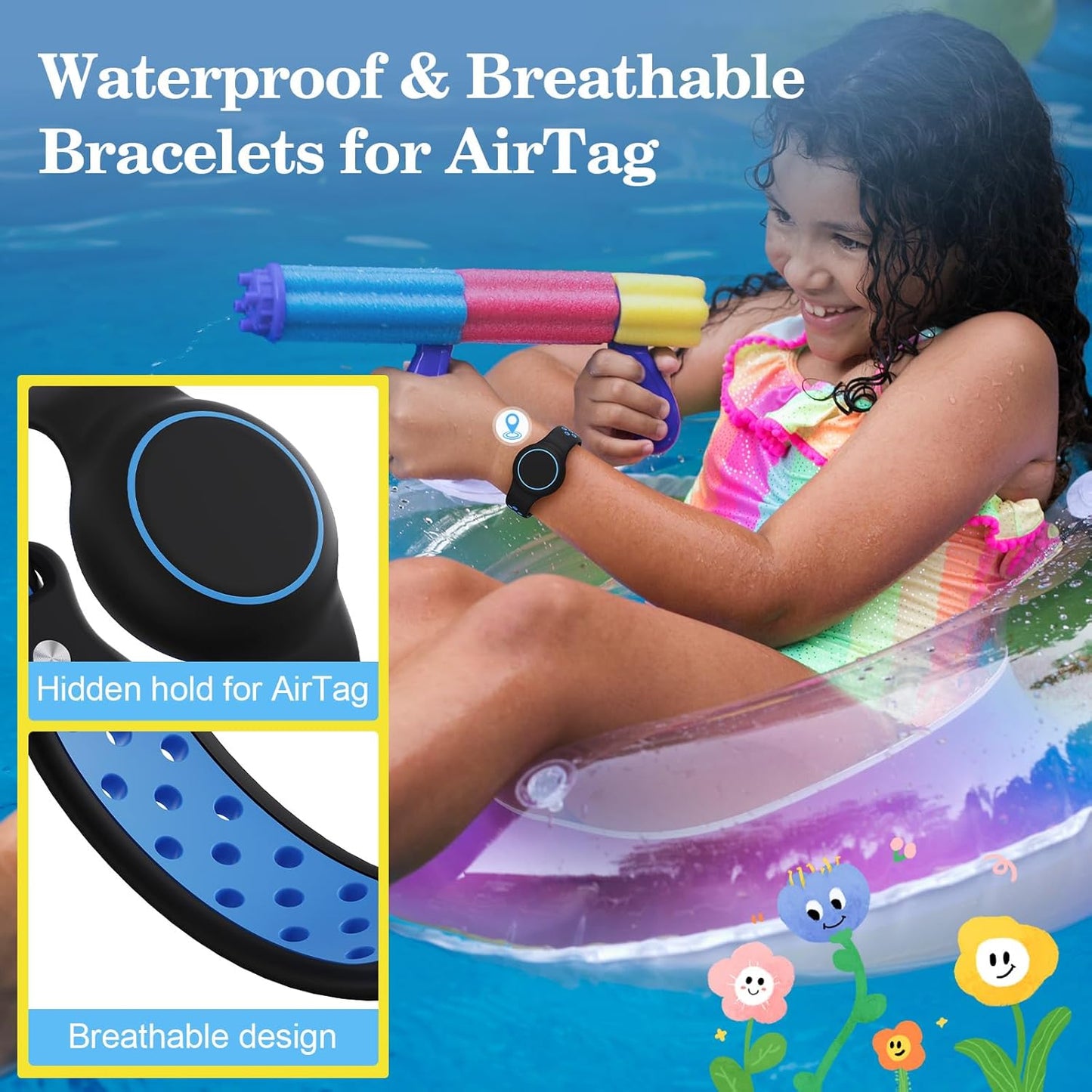 Waterproof Bracelets Compatible with AirTag for Kids, 2 Packs Silicone Holder with Hidden Cover Design Wristband Compatible with AirTag for Child, Breathable GPS Tracker Holder for Kids BBL