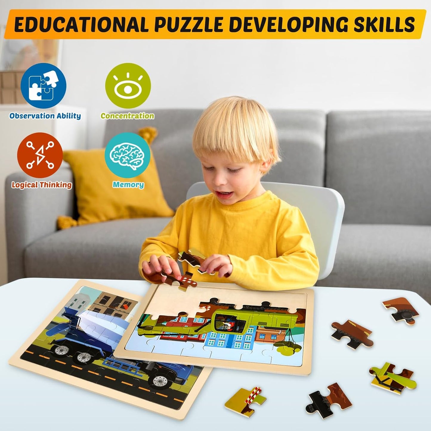 Wooden Vehicle Puzzles for Kids Age 3 4 5 Year Old, 4 Pack 24 Pcs Montessori Toddler Jigsaw Puzzles for Girl boy Activities Preschool Learning Educational Birthday Gift Travel Autistic Wooden Toys
