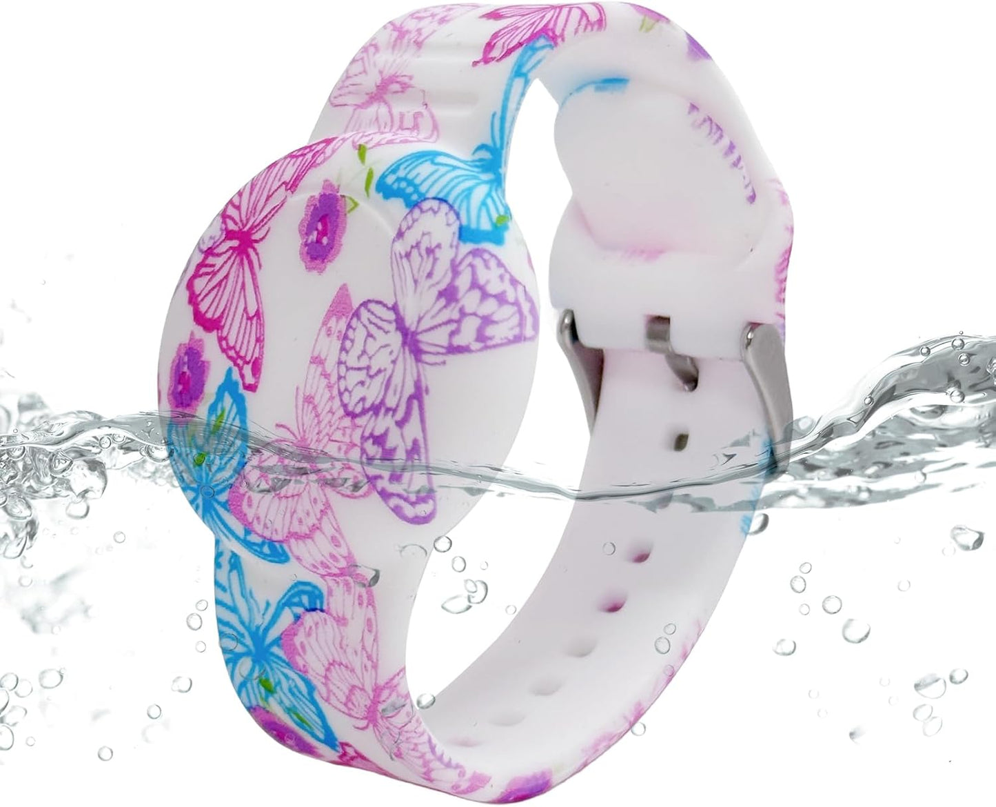 Waterproof Bracelet for airtag Kids, Soft Silicone Hidden Holder Case Compatible with Apple Airtag, Adjustable Anti-Lost Printed Strap GPS Traker for Toddler Child(Butterfly Pink)