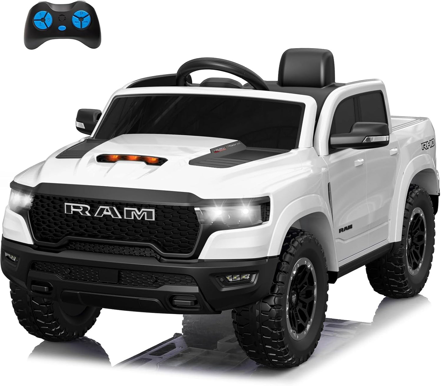 Licensed Ram 1500 Ride on Toys for Kids 4-8, Ride-on Electric Car for Kids with Remote Control, Battery Powered with Car Key/Gear Selector, LED Light/Music/MP3, Back Storage (White)