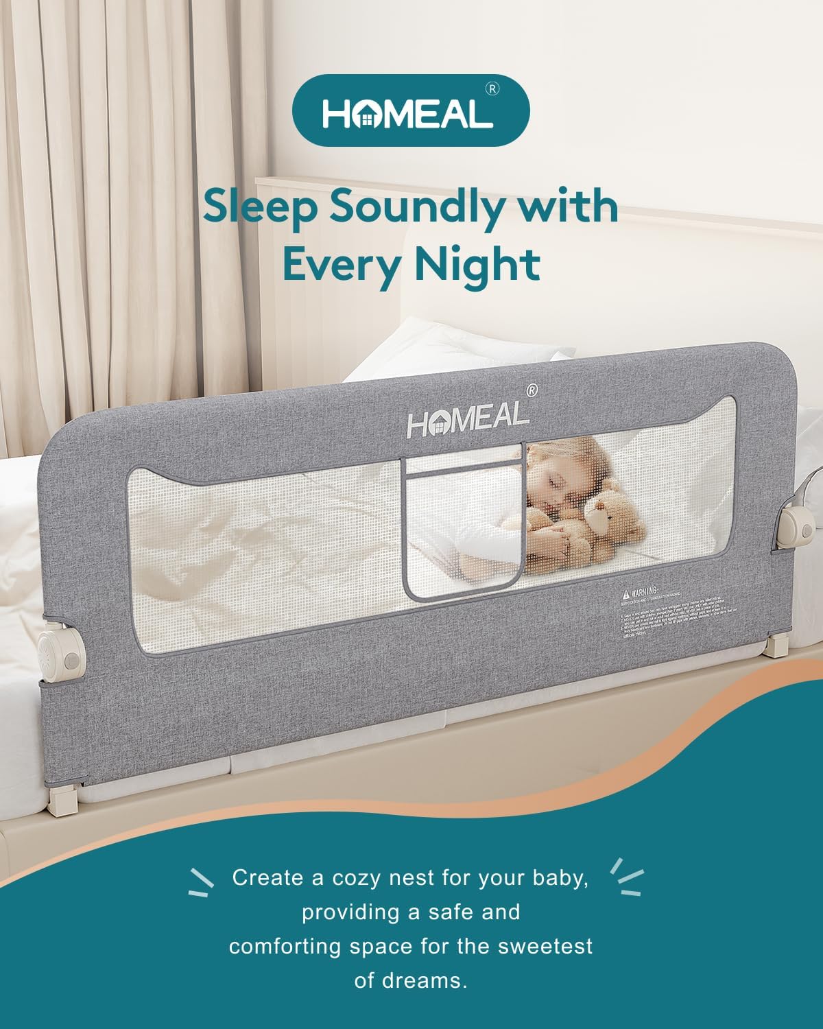 HOMEAL Bed Rail for Toddlers, 59in Swing Down Baby Bed Rail Guard, Toddler Bed Rails for King Size Beds, Twin, Full, Queen, Bed Guard Rail for Toddlers, Grey