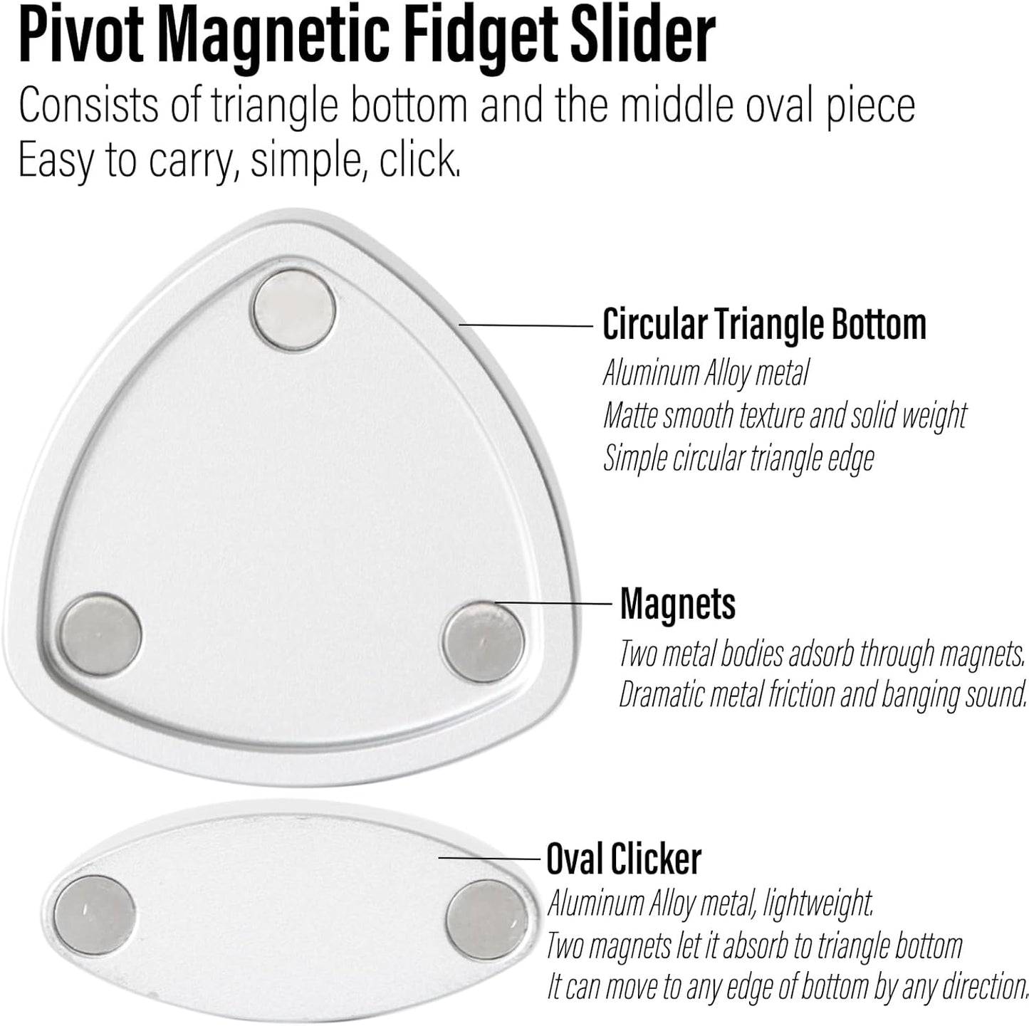 FREELOVE Pivot Magnetic Fidget Slider, Metal Worry Coin Haptic Clicker for Adults, Triangle Rotation Kinetic Toy Mechanical Sound EDC, Autism Sensory ADHD Anxiety Focus Meditation (Aluminum Silver)