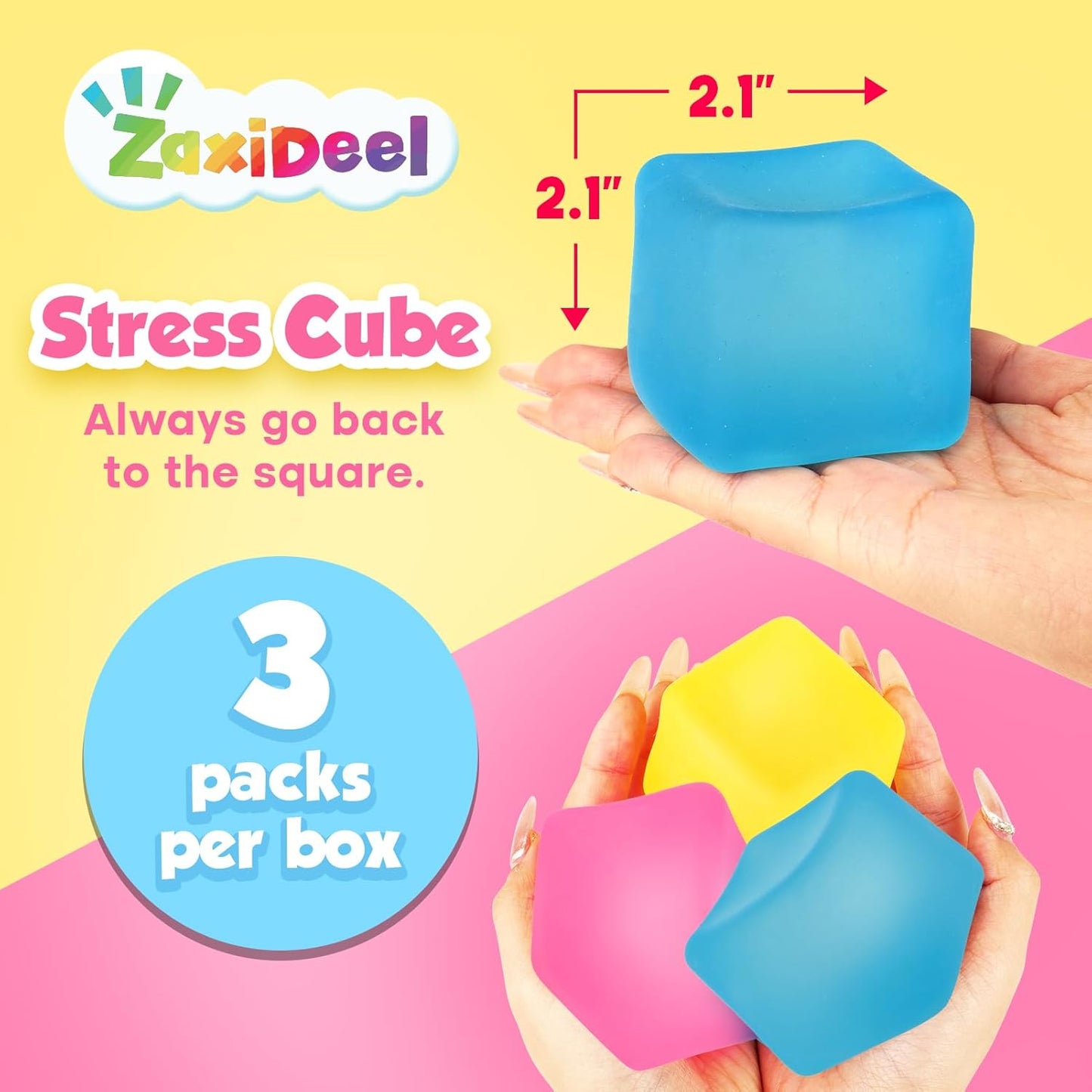 Fidget Toy Stress Cube 3 Pack - Squishy Fidget Toys for Anxiety Relief, High Density Gel Filled, Fidgets for Classroom, Calming Toys for Kids Adults Children Teens