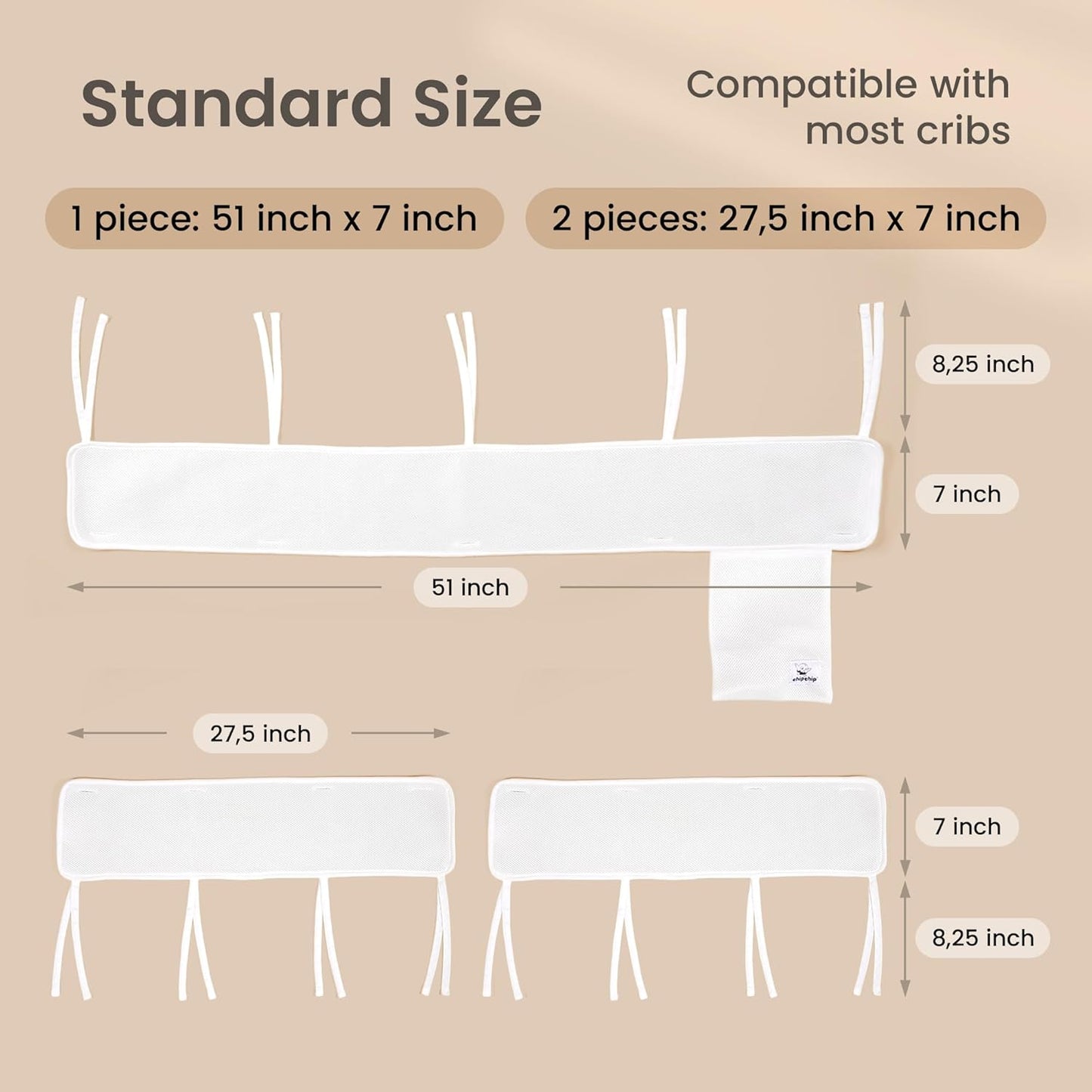 CHIPCHIP Baby Crib Rail Covers for Teething (3-Pack) – Breathable Dual-Layer Mesh Teething Guard with Storage Pocket, Fits Standard Full-Size Cribs (3pcs (01 Long Panel + 02 Short Panels))