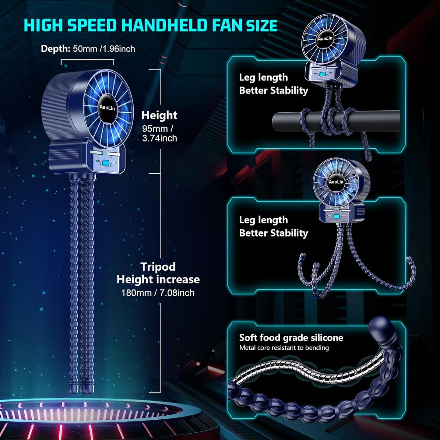 2 Pack Multifunctional Portable Stroller Fan 4 Speed 6600rpm High Speed Usb Rechargeable Personal Mini Handheld Fan Extended Tripod For Desktop Winding Kids Bed Treadmill Bike Golf Cart Outdoor Travel