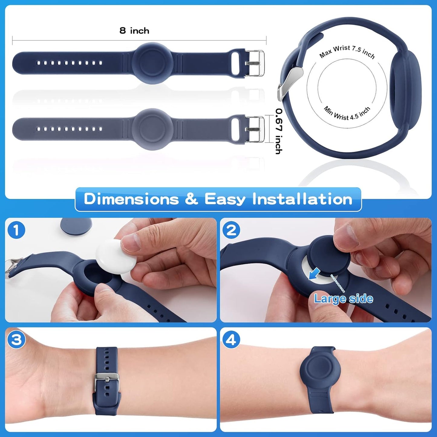 Waterproof Bracelet Compatible with Airtag Case for Kids(2 Pack), Soft Silicone Hidden Wristband, Lightweight GPS Tracker Compatible with Apple Air Tag Watch Band for Child (Grey Blue & Navy Blue)