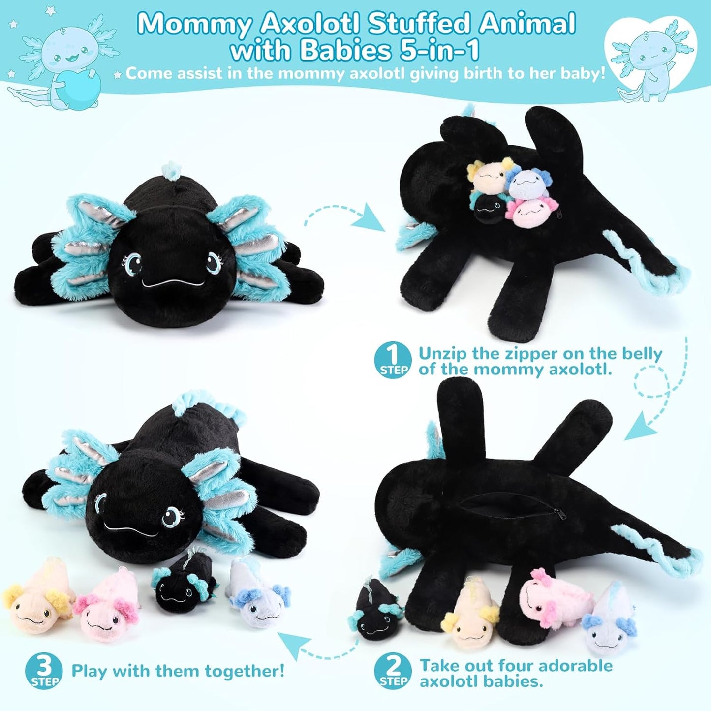 5 Pieces Axolotl Stuffed Animals with Babies Inside Belly - 1 Mommy Stuffed Axolotl with 4 Babies - Black Axolotls Plush Toy for Kid Age 3-8, Gift Ideal for Christmas, Valentine's, Birthday