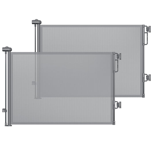 Cumbor 2-Pack Retractable Baby Gates for Stairs, 55" Wide Soft Mesh Pet Gate for Dogs with One Hand Opening, 34" Tall Toddler Gate with Top Lock for Bedroom, Doorways, Indoor/Outdoor, Gray