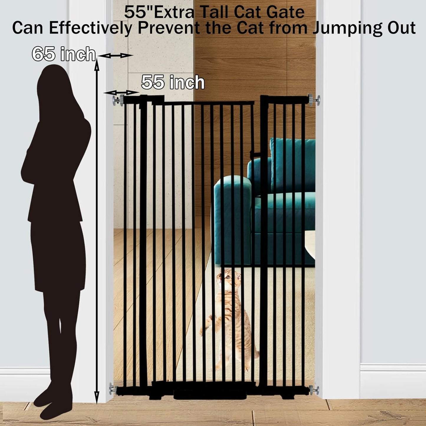 55.1 Inch Tall Baby Gate Auto Close Dog Gate Adjustable 29.92"- 48.03" Wide Pressure Mounted Walk Through Swing Pet Gate for Doorways (Black, 29.92"- 48.03")