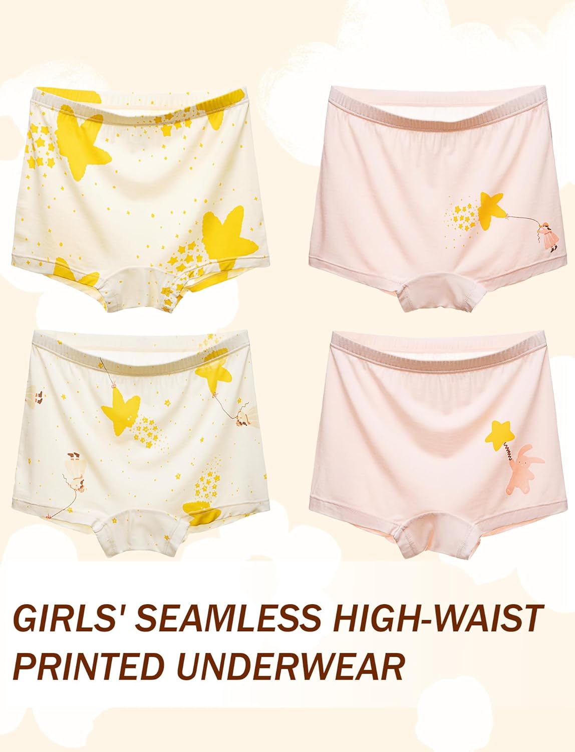 SEAUR Girls' Seamless Underwear 4-Pack Soft Breathable Ice Silk Boyshorts Panties Cute Prints Boxer Briefs for 6-16 Years