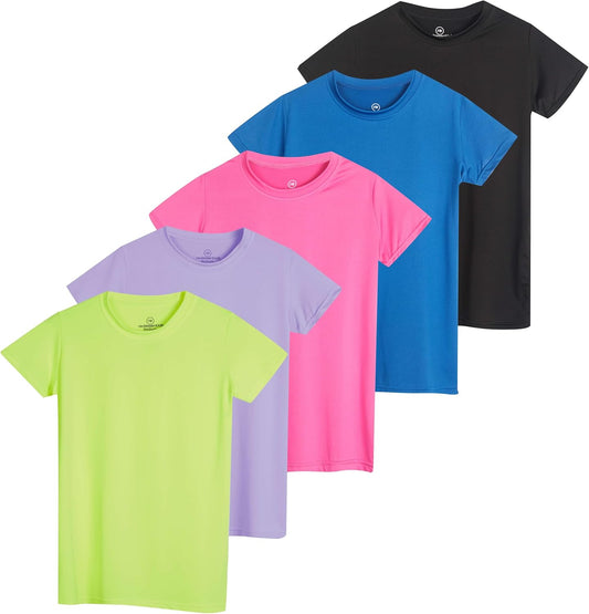 Real Essentials 5 Pack: Girls Short Sleeve Dry-Fit Crew Neck Active Athletic Performance T-Shirt