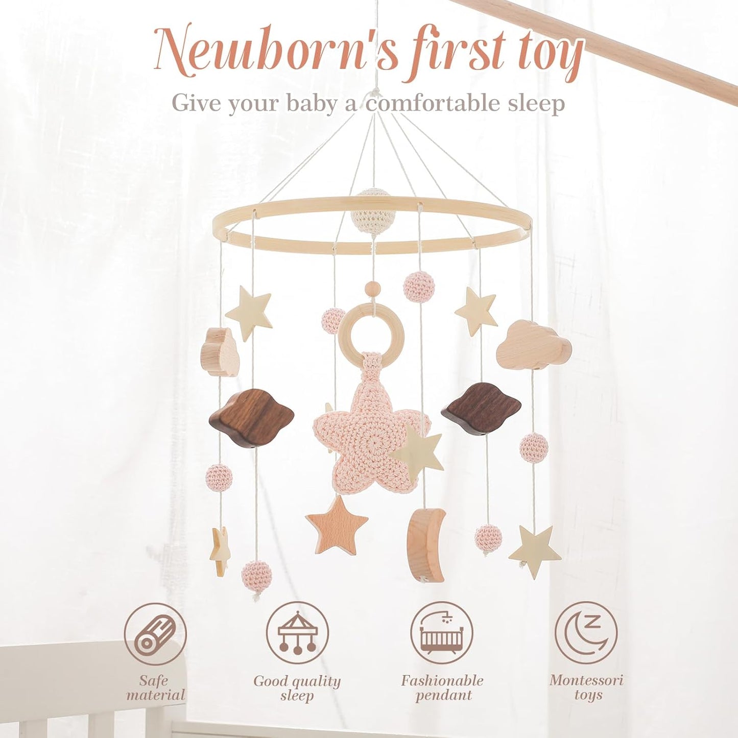 Baby Crib Mobile for Boys Girls| Boho Nursery Mobile| Gender Neutral Hand-Crocheted Mobile| Ceiling Mobile - Stars, Clouds, Moon (Pink)