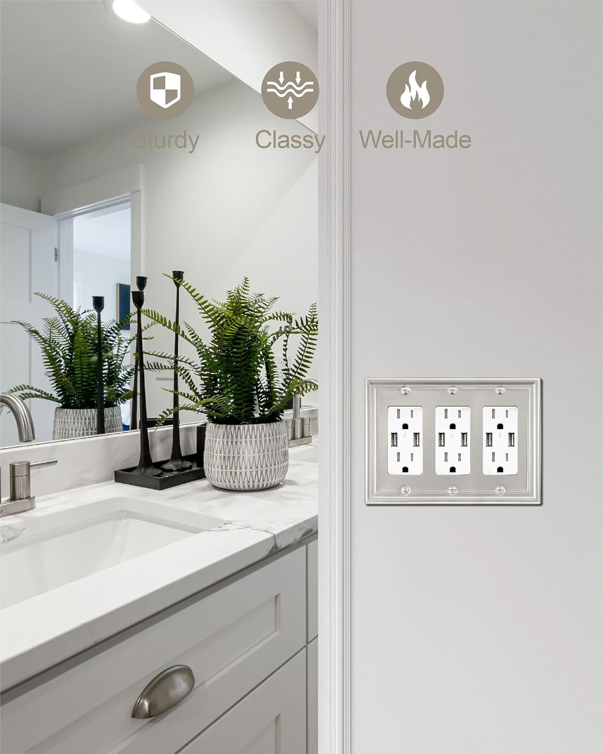 2-Pack Triple Decorator Wall Plate, 3 Gang Wall Plate for GFCI Outlet, Dimmer Switch, Receptacle Cover, Satin Nickel, 6.77 * 4.88, Midsize